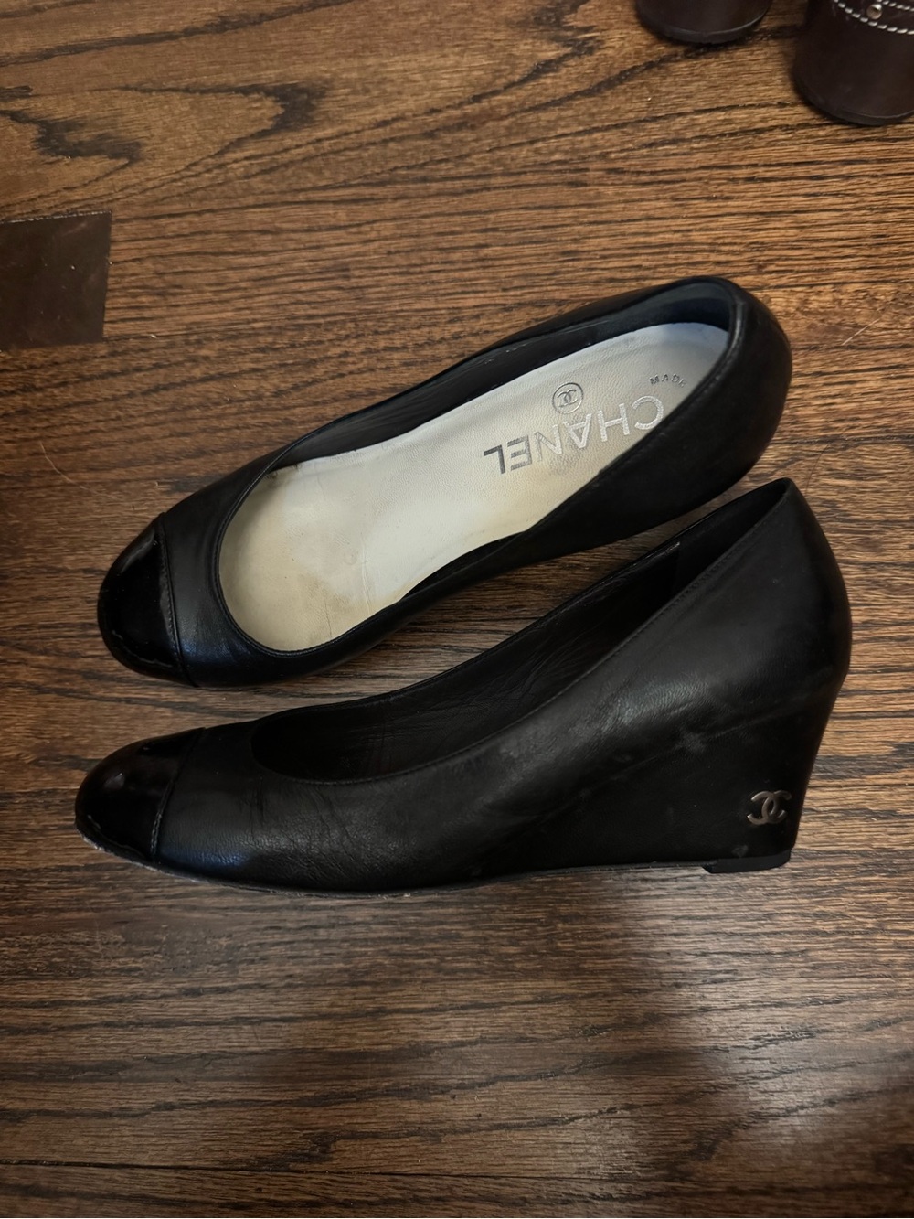 CHANEL Black Leather Peep-Toe Wedge Pumps